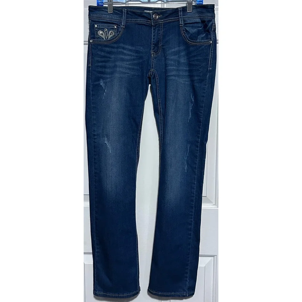 Liuce’s Jeans Women's Lo Rise Distressed Embellished Pockets Jeweled Fastener 13